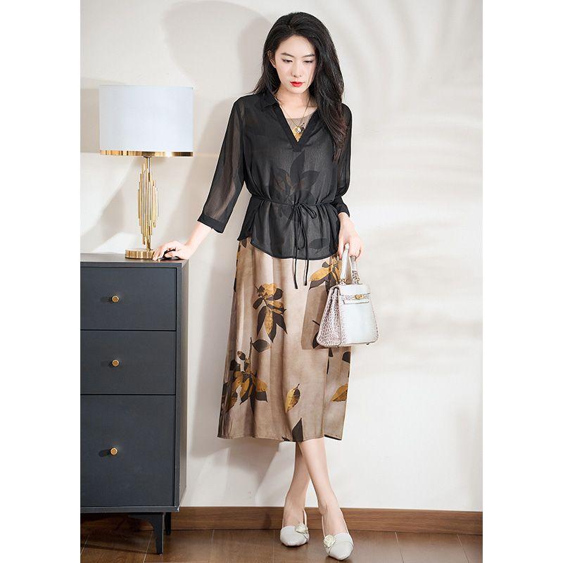 

Dioufu Черная жоржетная рубашка с шнуровкой на талии, облегающая фигуру, маленькая, нишевый принт листьев, национальный стиль, платье-слинг, комплект из двух предметов Black L