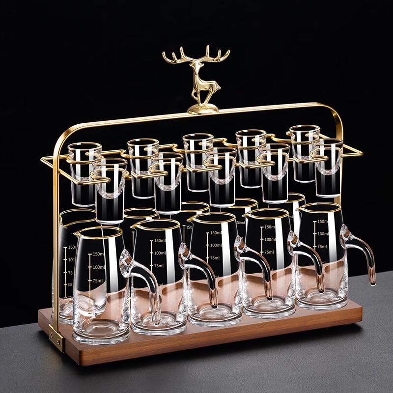 Gold-Rimmed Wine Decanter and Glass Set with Elk Rack
