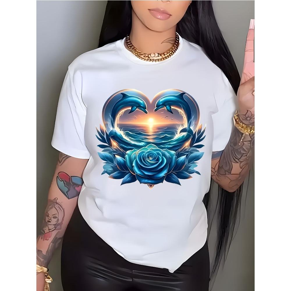 

Dolphin Heartshaped Rose Printed Tshirt for Women Casual Round Neck Short Sleeved Top Suitable for All Seasons Womens Clothing S