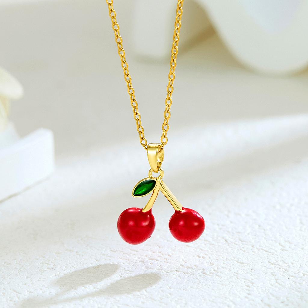 New Sweet and Cute Dripping Oil Strawberry Cherry Titanium Steel Necklace Female Simple Versatile Fruit Series Collarbone Chain