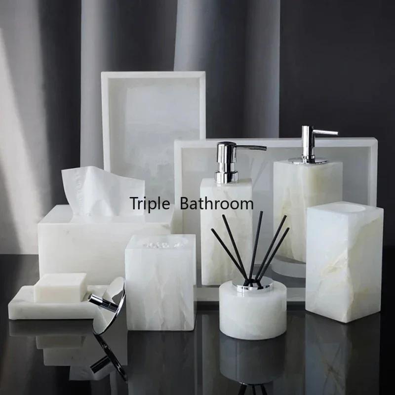 White Onyx Natural Marble Bathroom Accessories Luxury Soap Dispenser Cotton Swabs Container Reed diffuser Tray Bathroom Set