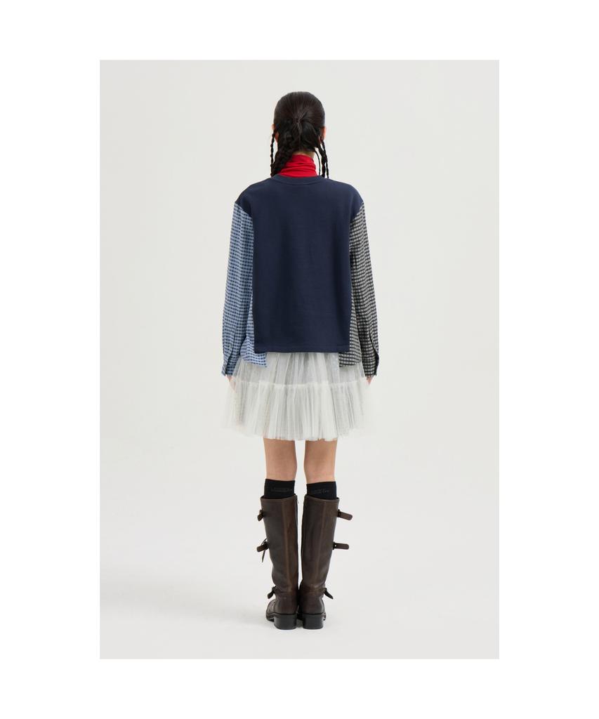 LUCKY CHOUETTE Checkered Sleeve Mix Long-Sleeved T-Shirt (Dark Navy) Lftas25195Nyd