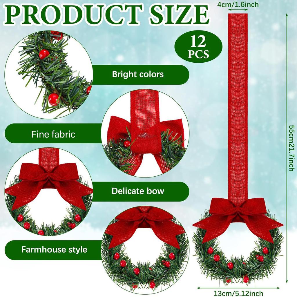 12Pcs Artificial Wreath 13cm Small Christmas Wreaths Ribbon Bows Wreath for Front Door Kitchen Cabinets Wall Window