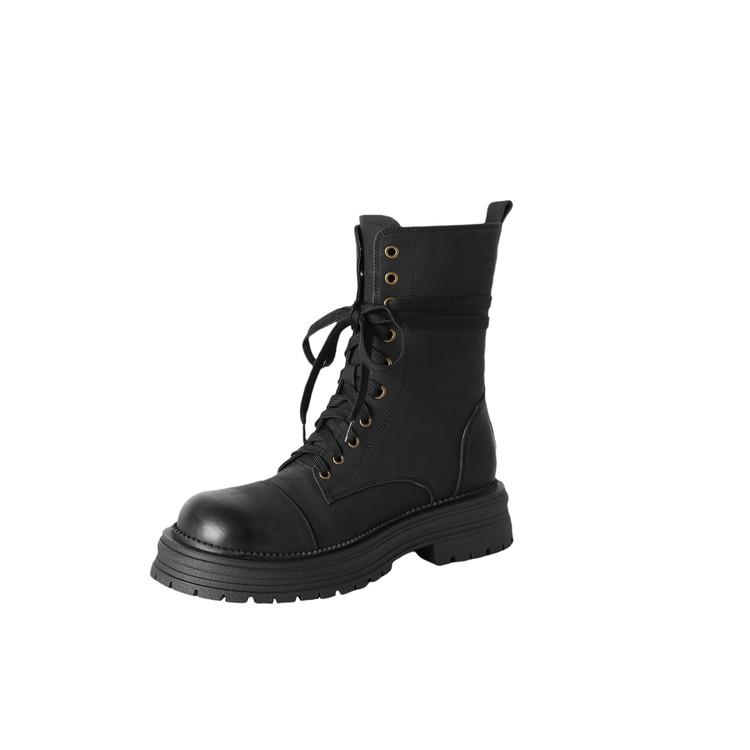 Fashion New Autumn/winter Split Leather Women Boots Round Toe Shoes for Women Fashion Boots Mid Heels Lace Mid-calf Boots Platform Shoes