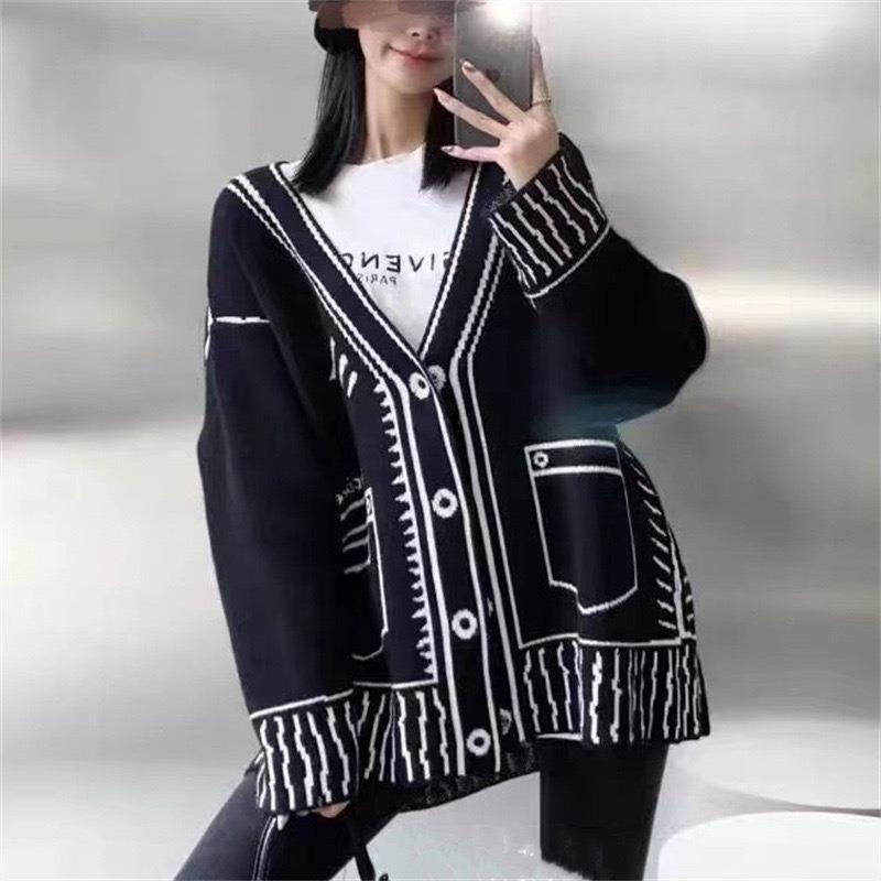 Graffiti Casual Knitted Sweater Cardigan Women New Autumn and Winter Long Sleeve Loose Women's Cardigans Jacket V Neck Vintage Pockets Sweaters 25290