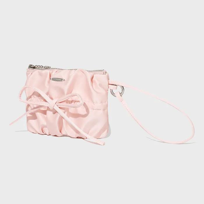 Clover Heart Shirred Ribbon Handle Pouch Light Pink