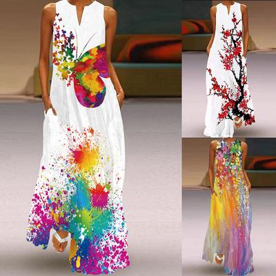 New Summer Sleeveless Casual Plus Size Women Long Dress Elegant A Line V-neck Printed Loose Dresses Women Floral Vintage Fashion Vacation Dress 26404