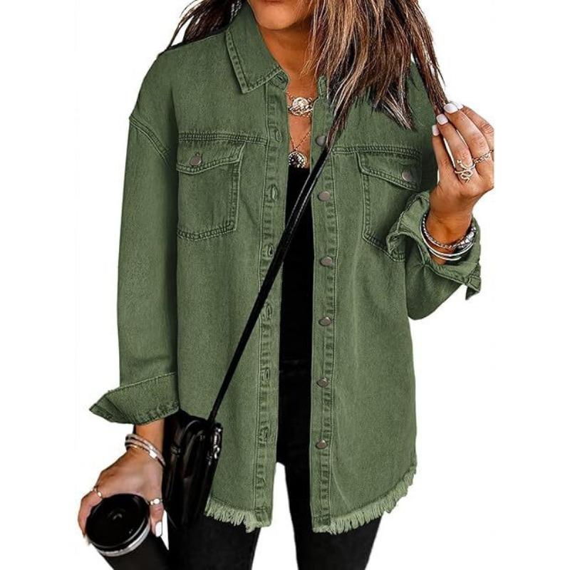 Frayed Edge Denim Loose Casual Long Sleeve Shirt Outerwear