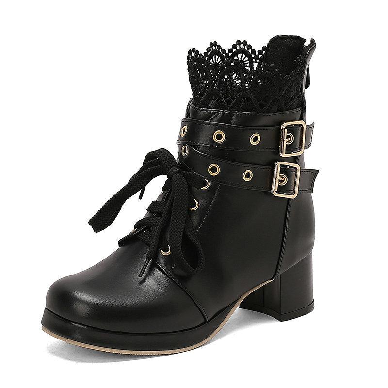  Short Boots Hollow Lace Belt Buckle LO Lolita Shoes Student Dress Short Boots and Ankle Boots