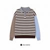 Womens Black White Striped Knit Polo Sweater Long Sleeve Fall Casual Top