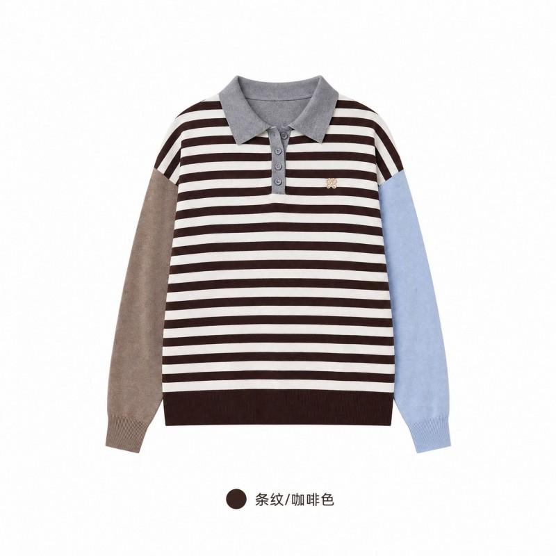 Womens Black White Striped Knit Polo Sweater Long Sleeve Fall Casual Top