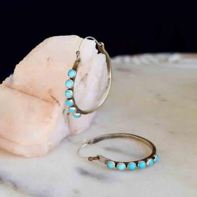 Bohemian Vintage Silver Color Round Inlaid Imitation Turquoise Dangle Earrings for Women Jewelry