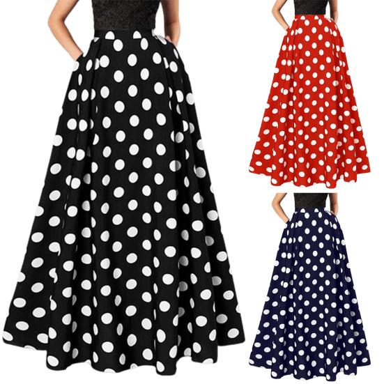 Women Maxi Skirt High Waist Color Matching Dot Print Retro A-line Big Hem Side Pockets Loose Full Length Soft Elastic Waist Lady Prom Party Long Skirt