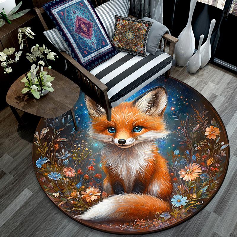 Magical Fox Round Area Rug,Carpet Rug for Living Room Bedroom Sofa Playroom Decor,Non-slip Floor Mat