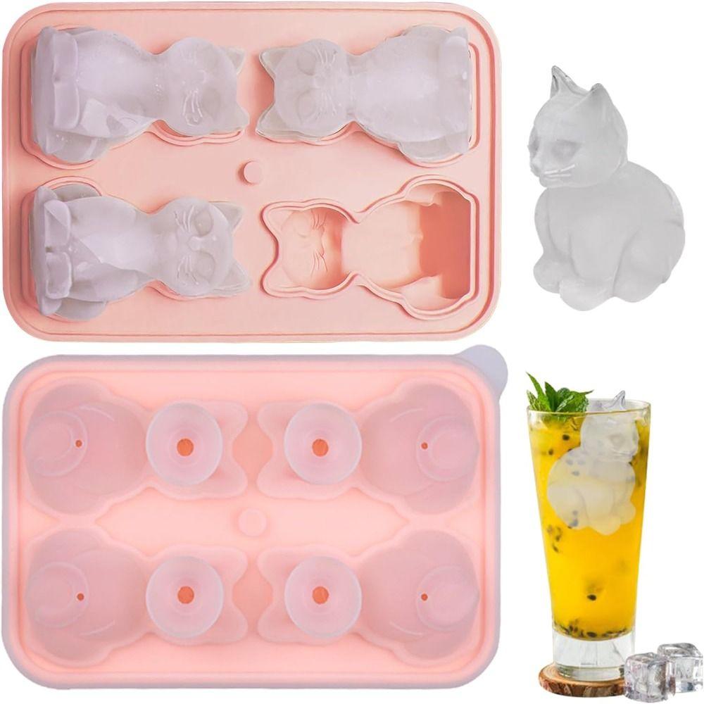 Easy to Release 3D Cat Ice Block Mold Free of BPA 4 Holes Silicone Ice Cube Mold Dishwasher Safe Reusable Animal Shape Ice Mold