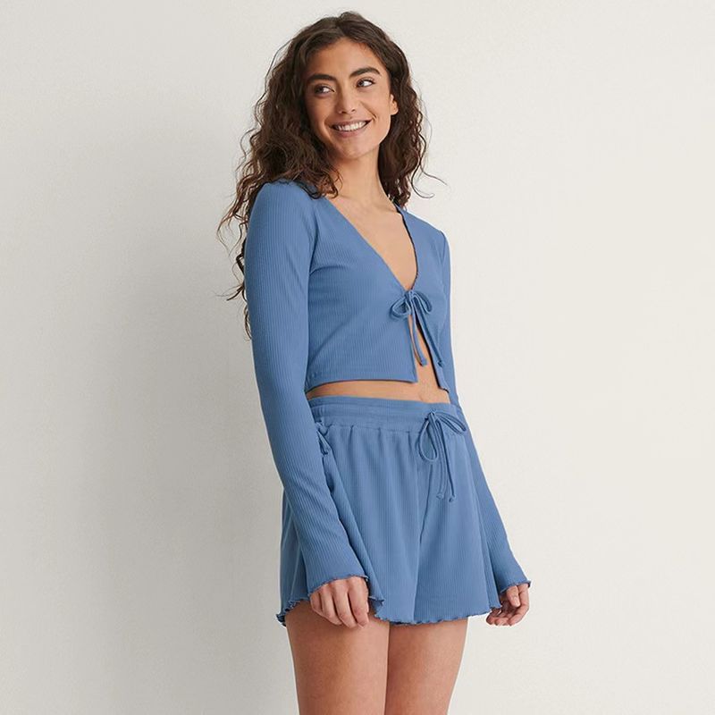 Fashion Sunken Stripe Knotted Short Tops Shorts Suit Homewear Lace up Top and Shorts Set