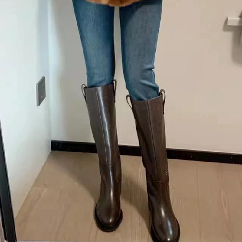 Krazing Pot Kuskinn Skinn Høst Vinter Sko Med hæler Stor størrelse 46 Rytterstøvler Kvinner Holder Varm Lår Høye Støvler