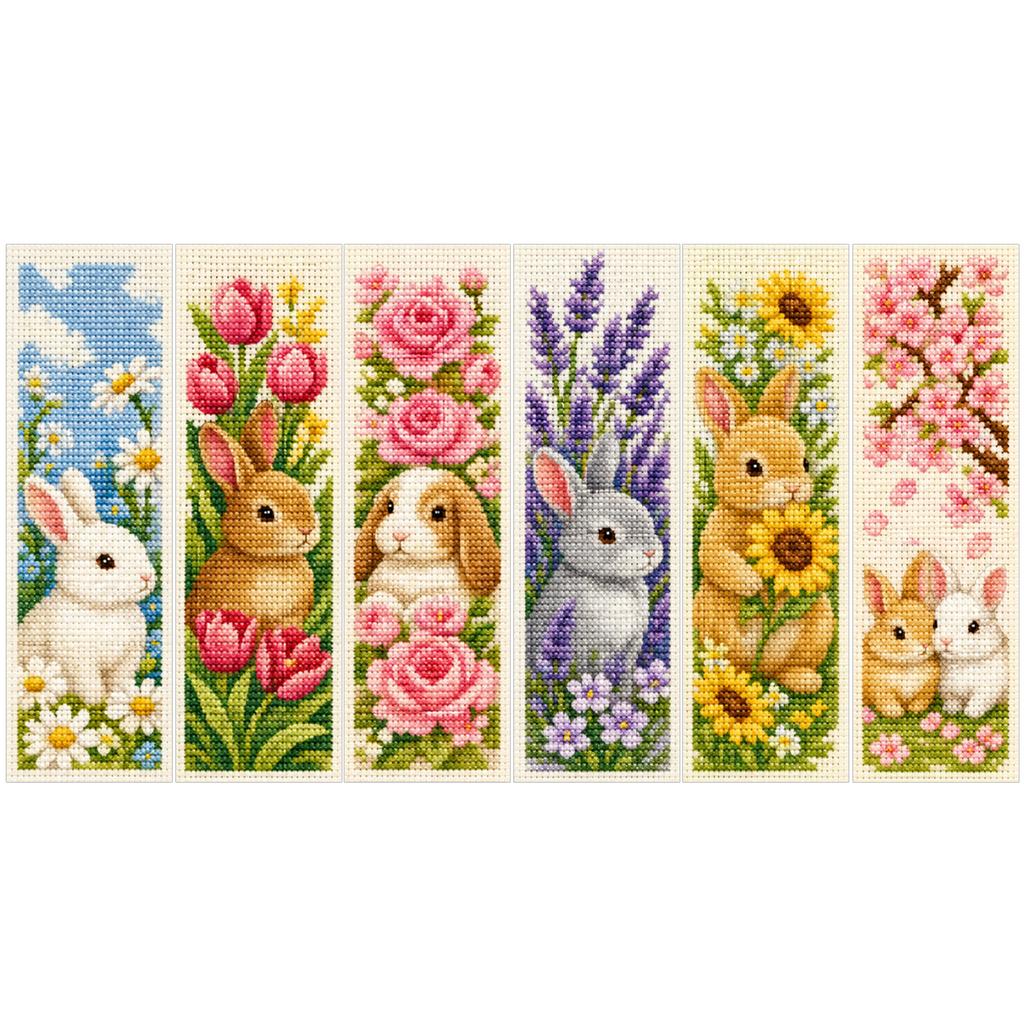 Stamped Cross Stitch Bookmark Set 6Pcs 14CT Floral Animal Pattern with Thread Needle for Adults