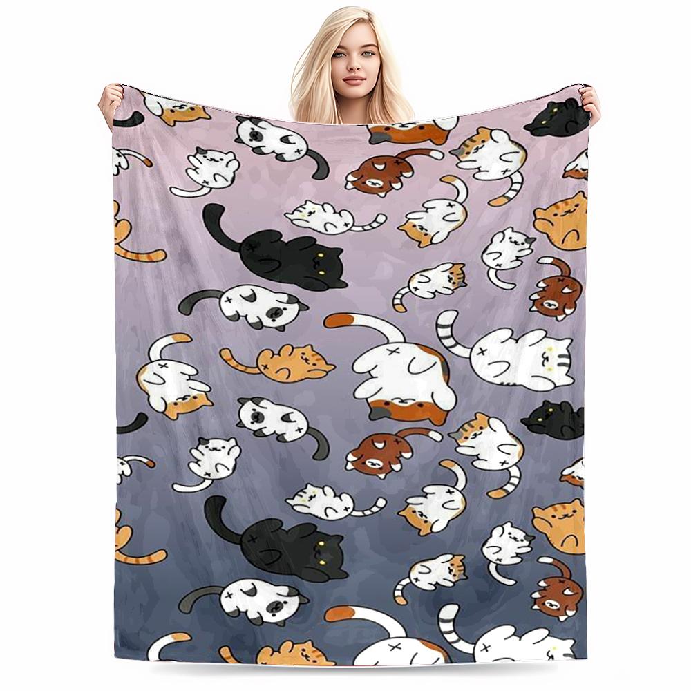 Cute Cartoon Cats Pattern Keep Warm for Cozy HomesFlannel Blanket for Bedroom, Living Room, Sofa, and Nap