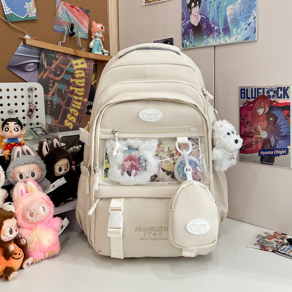 Color Solid Simple Letter Embroidery Student Backpack With Pendant And Badge