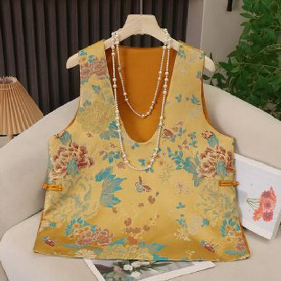 Women s Retro Chinese Vest with Frog Button - Plus Size, Spring/Autumn, Middle-Aged & Elderly Style 2XL жёлтый