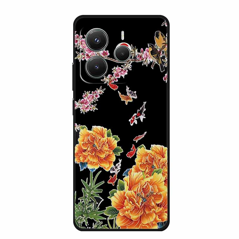 3D Emboss Case For Xiaomi Redmi Note 14 Phone Case Flowers Black Silicone Soft Back Cover Coque For Redmi Note 14 5G Global Case