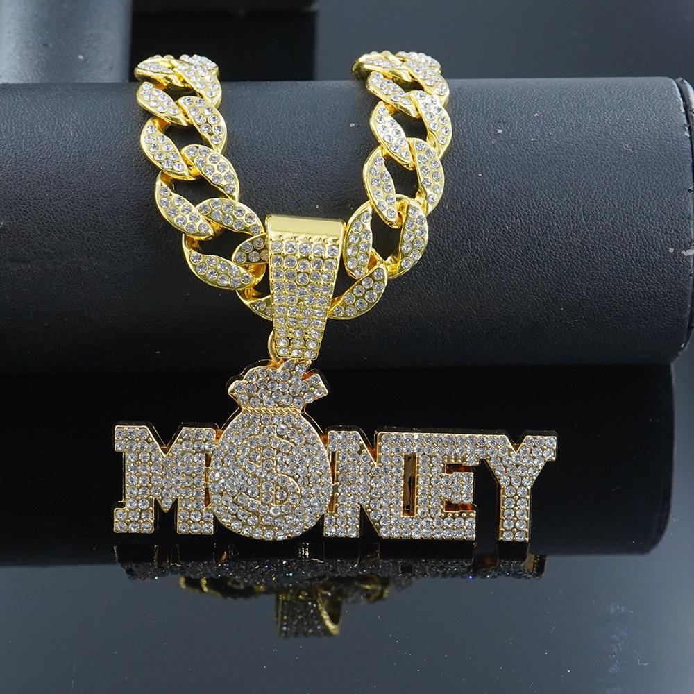 New Men's Full Diamond Chain Hip Hop Style Personalized English MONEY Pendant Necklace