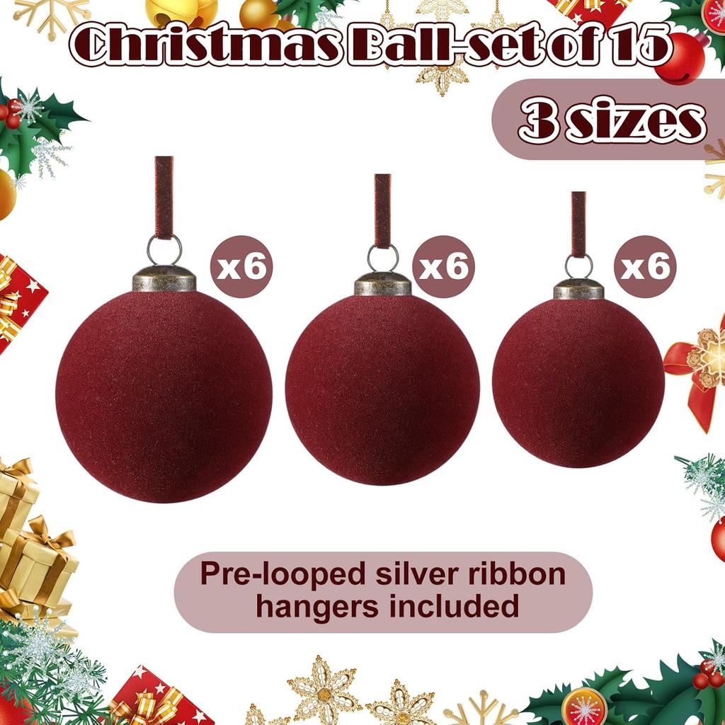 18 Pcs Christmas Velvet Christmas Balls Bulk Flocked Xmas Tree Ball Ornaments Plastic Velvet Christmas Ornaments Xmas Tree Hanging Decoration 2.36