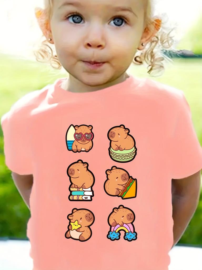 Cute Capybara Print Girls Summer Clothes Crew Neck T-Shirts for Girls Short Sleeve Tee Kids Clothes T-Shirts Girl Clothing