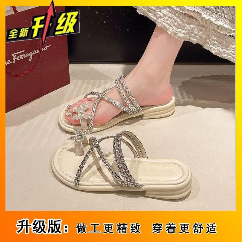 2025 new French rhinestone fairy slippers female summer wear flat bottom cover toe beautiful with skirt beach sandals female