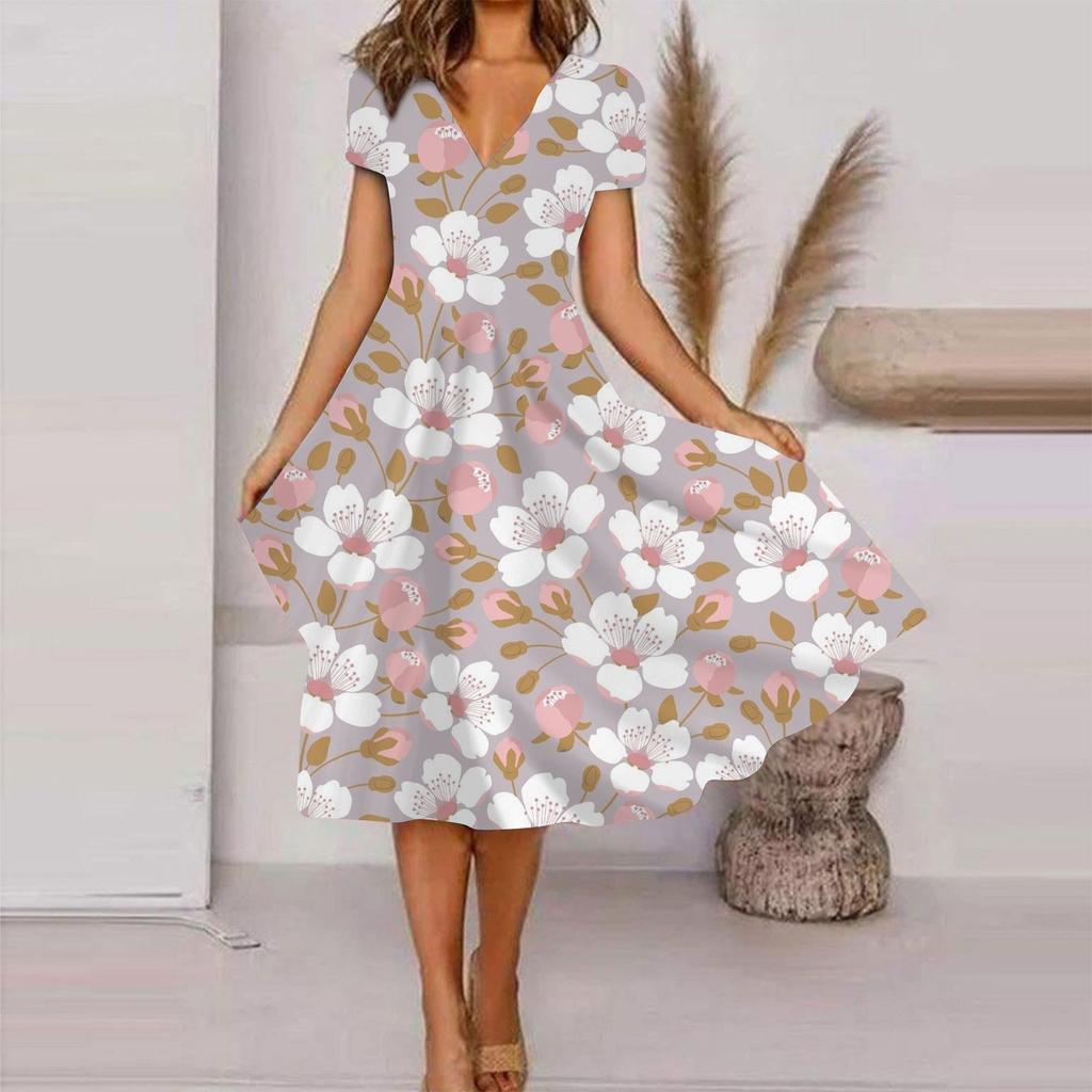 Women's Summer Casual Fashion Floral Print Short Sleeve V-Neck Swing Dress