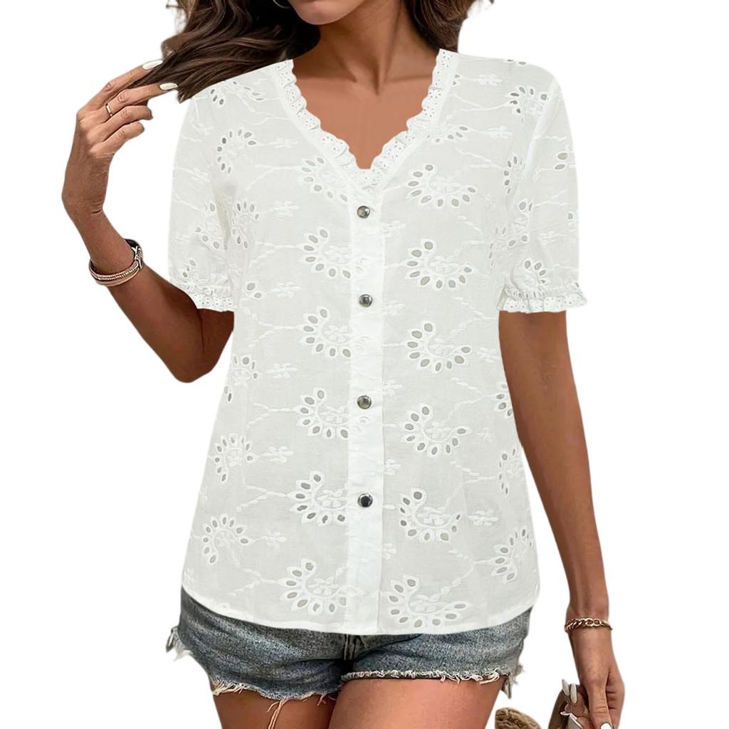 Women's Summer Fashion Casual Shirts Cropped Petal Sleeve Eyelet Tops V Neck Shirt