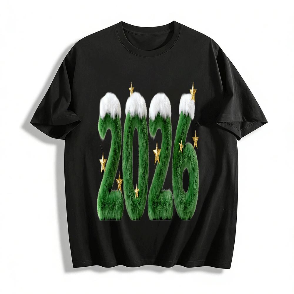 2026 New Year Party Plush Texture Number Print Casual Top Pure cotton T-shirt XXS