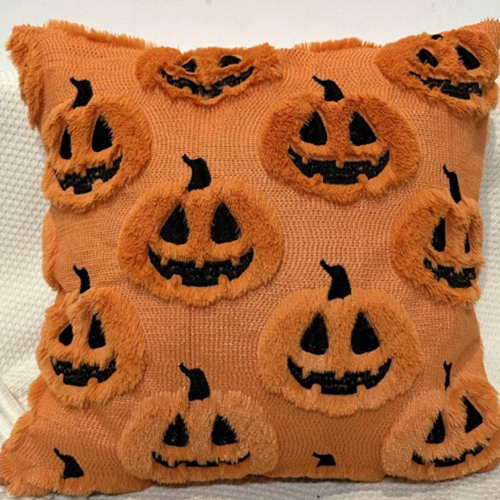 Pumpkin Ghost Pillow Cover Halloween Fun Plush Pillowcase Washable Square Orange Pumpkin Lantern Pillow Protective Covers