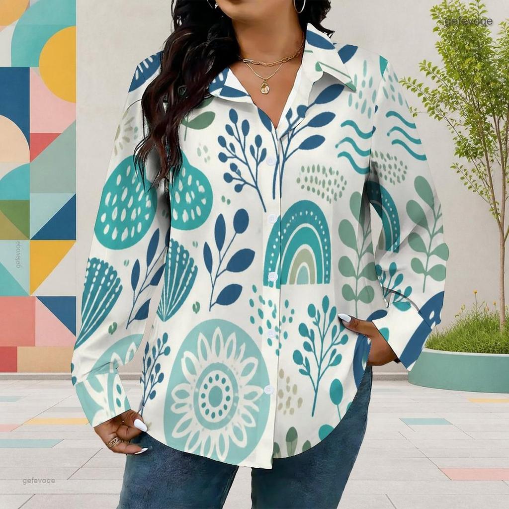 Women Plus Size Long Sleeve Collared Button Front Colorful Striped Print Shirt