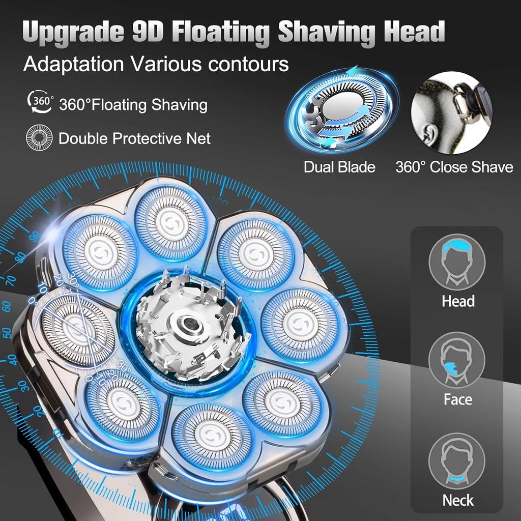 9D Electric Head Shaver for Bald Men, Upgraded 5-in-1 Head Shaver for Bald Men, Waterproof Wet/Dry Grooming Kit Electric Shaver for Men, Cordless