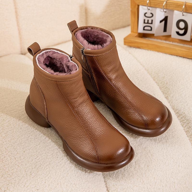 Winter new leather wool short boots warm and thickened medium mother shoes comfortable and foot fur integrated women's cotton shoes
