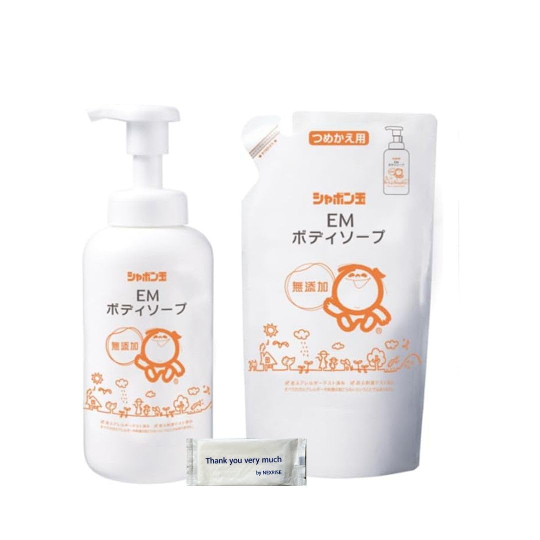 Additive-free body soap: Shabon-dama Soap EM Body Soap bottle (520ml) x 1 + EM Body Soap refill (420ml) x 1 bag, with a wet wipe.