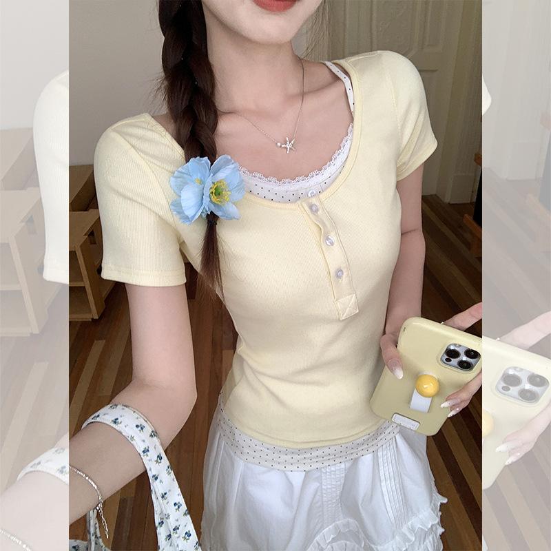 Milk Yellow Fake Two-piece Floral Short-sleeved T-shirt Women's Summer New Sweet Temperament Slim-fitting Top