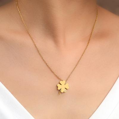 DGIDDK Stainless Steel Bohemian Temperament Four-Leaf Clover Crystal Zircon Pendant Necklace Fashion Simple Daily Wear Zircon