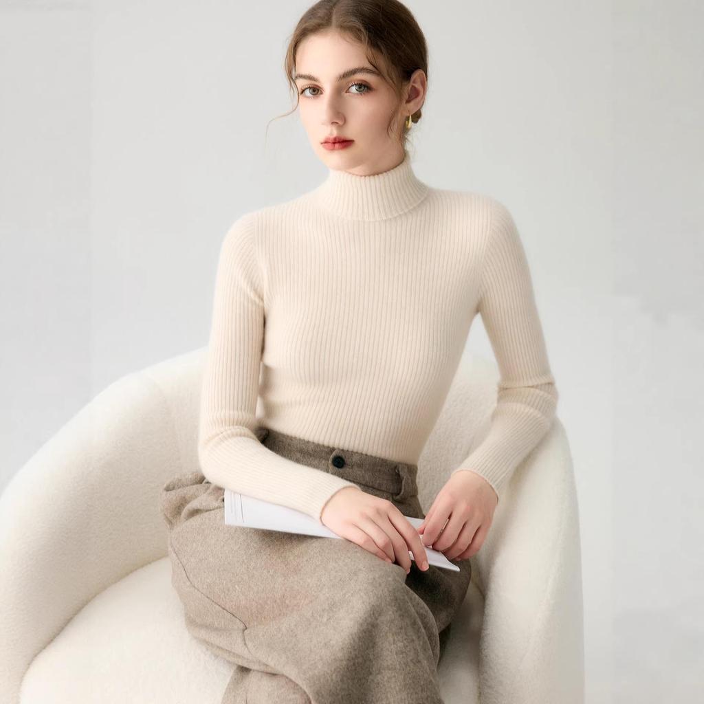 Women's High-Neck 100% Pure Cashmere Slim-Fit Sweater - Seamless, Flattering Knit in Solid Colors