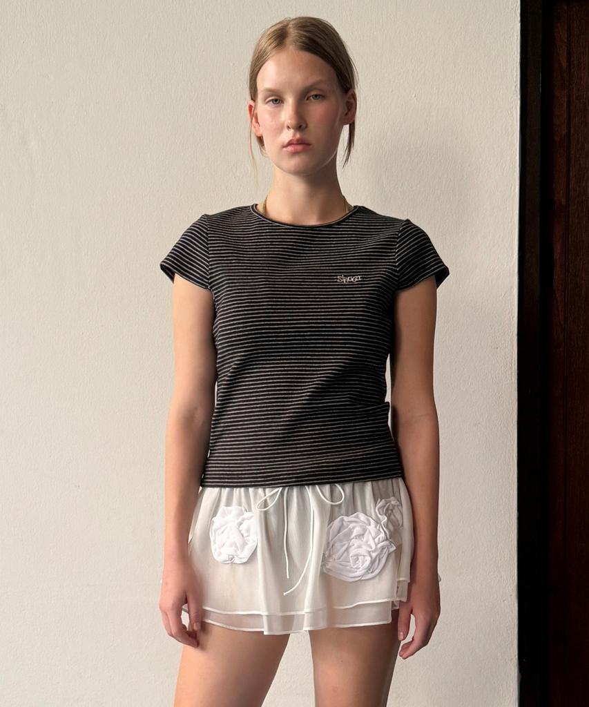 SINOON Stripe Cap Sleeve T-Shirt (Black)