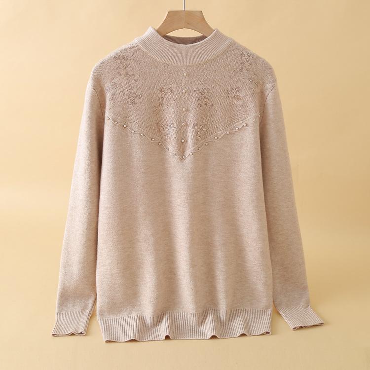 Middle-aged and Elderly Sweater Female Mother Wears Half Turtle Neck Fashionable Middle-aged Woman Autumn and Winter Fashionable Knitted Base Shirt