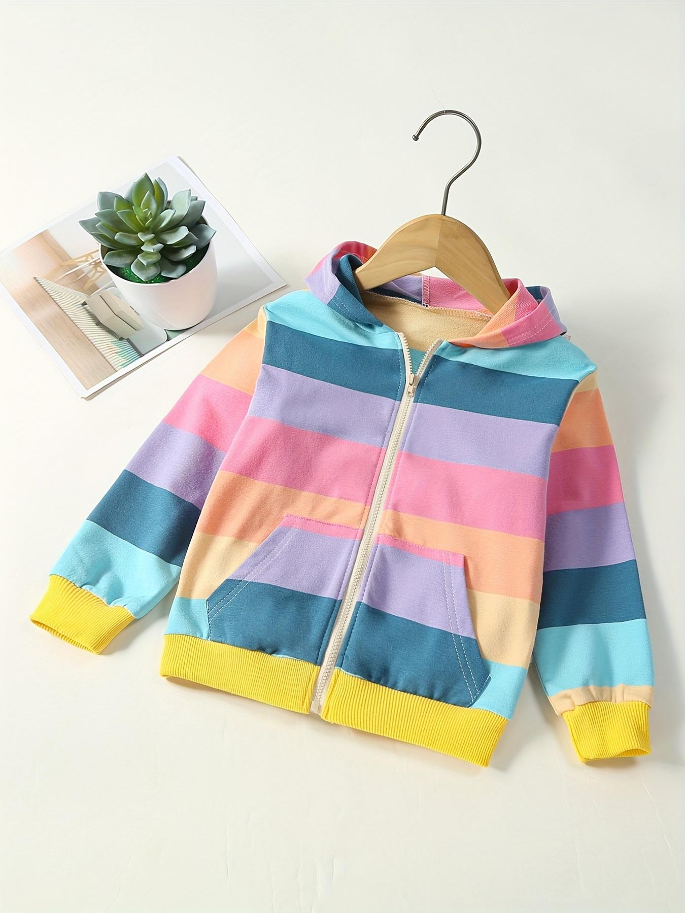 

Girl s cute zipper pocket light rainbow stripe hooded jacket 100 розовый/синий