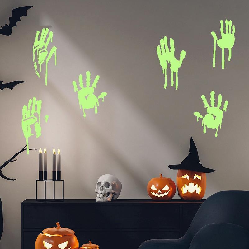Imitation Blood Hand Foot Luminous Print Stickers Waterproof Horror Zombie Halloween Car Wall Door PVC Party Haunted House Decor
