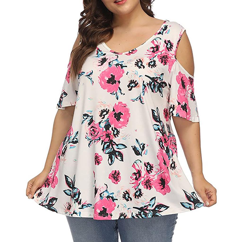 Women Fashion Floral Printing Short Sleeve T-Shirt Plus Size Round Neck Tops