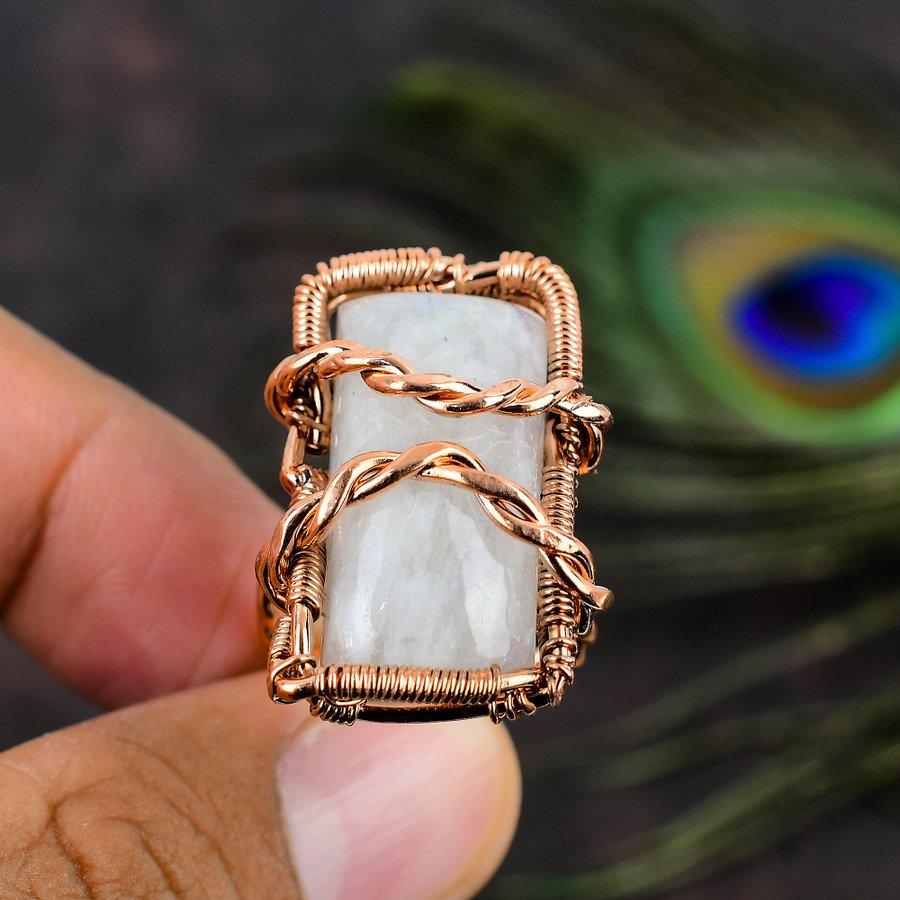 Tęczowy Kamień Księżycowy Ręcznie Robiony Miedziany Oplot Biżuteria Pierścionek Rozmiar 8.5 K6L61