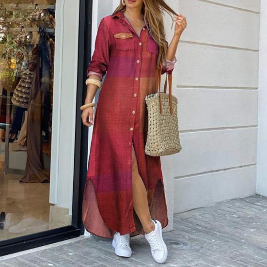 Women Fashion Long Sleeve Printed Pockets Buttons Party Beach Maxi Shirt Dress