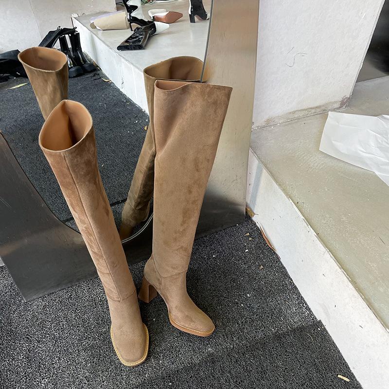 Korean Oni retro thick heel stacking boots tall boots pleated wide western cowboy boots long boots 39 хаки 3930₽