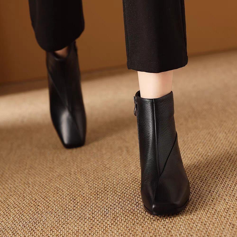 2025 Women's Soft Leather Mid-Heel Square Toe Boots with Velvet Lining for Autumn and Winter